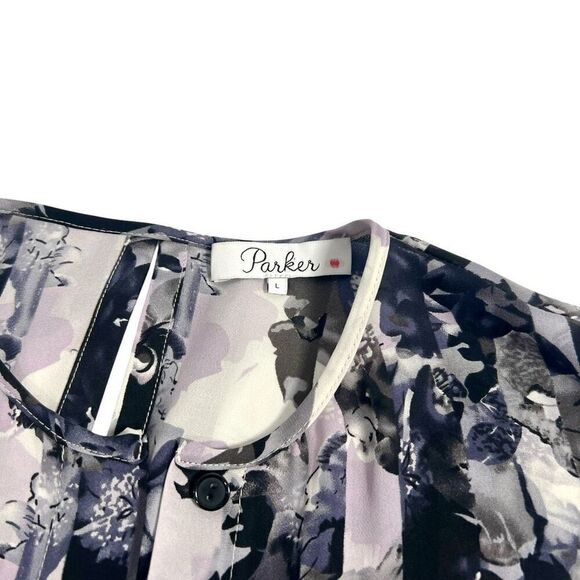 Parker Large Multicolor Floral Print Silk Blouse Pleated design - Picture 4 of 14